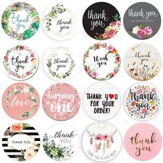 many different types of thank stickers on a white background with pink and green flowers