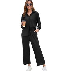 Women's 2 Piece Casual Pleated Outfits Short Sleeve Button Down Shirt High Waist Wide Leg Trouser Sets Suit Package:1 x Long Sleeve Button Down Shirt+ 1 x High Waisted Loose Wide Leg Pants Neckline: V Neck Soft, Breathable, Comfy Fabric Simple Solid Color Striking Functional Contrast Buttons Design Sleeve Length:Long sleeve Season: Summer,Spring,Fall,Winter All Matching:Button down blouse jumpsuit outfit,short sleeve blouse top and pant tracksuit outfit,loose button down shirt and palazzo pant s Casual Collared Sets With Buttons, Casual Sets With Button Closure And Relaxed Fit, Casual Sets With Button Closure In Relaxed Fit, Solid Color Button-up Sets With Pockets, Casual Fall Sets With Collared Shape, Casual Workwear Sets With Button Closure, Button-up Workwear Sets With Pockets, Casual Fall Sets With Buttons, Relaxed Fit Button-up Sets With Buttons