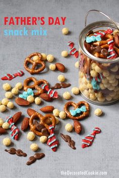 father's day snack mix in a jar with pretzels and candy canes