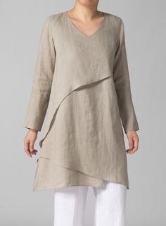 Stylish linen Relaxed Fit V-neck Tunic For Fall, Casual V-neck Tunic For Layering, Lagenlook Tunic For Layering With Relaxed Fit, Elegant Linen Tunic For Fall, Fall Split Neck Tunic, Elegant V-neck Tunic For Fall, Elegant Fall V-neck Tunic, Spring V-neck Tunic In Lagenlook Style, Casual Long Sleeve Tunic For Layering