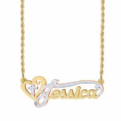 This Rhodium Beaded "Jessica" Nameplate is available in either Silver Plated, Gold Plated Sterling Silver, or Gold over Silver. This design includes a heart with a cross inside. Choose up to 10 characters to make your unique name. Customizable With: Names, or Words Closure: Lobster Clasp Metal Selection: Sterling Silver 14k Gold over Silver Two-Tone. Sterling Silver Note: For solid gold options, only the nameplate is solid gold; the chain is gold-plated over silver. Double Plated Nameplate Necklace, Valentine's Day Yellow Gold Custom Nameplate Necklace, Silver Nickel-free Nameplate Necklaces, Personalized Silver Gold-plated Name Necklace, Custom Name Gold-plated Nameplate Jewelry, Monogrammed Cufflinks, Leather Kits, Swarovski Heart, Name Earrings