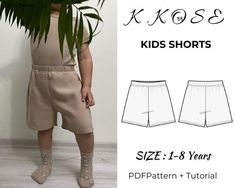 a child's shorts pattern is shown with the measurements