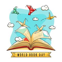 an open book with origami birds flying over it and the words world book day