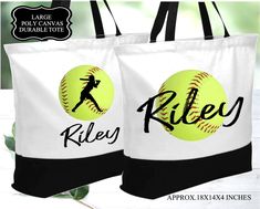 two personalized tote bags with softballs and the word riley on them, one is