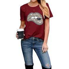 Wine Red Lip Print Distressed Holes Tees Red Short Sleeve T-shirt For Fall, Casual Burgundy Short Sleeve T-shirt, Red Distressed Crew Neck T-shirt, Casual Red T-shirt For Fall, Trendy Burgundy Cotton Tops, Casual Burgundy Short Sleeve Top, Burgundy Casual Short Sleeve Top, Casual Ripped Short Sleeve T-shirt, Casual Ripped T-shirt For Summer