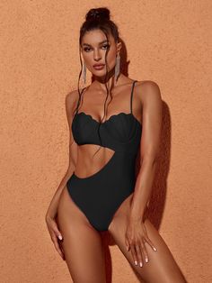 Codi Cutout One Piece Swimsuit In Black – Mew Mews Fashion Cutout One Piece, One Piece Design, Shapewear Tops, Jumpsuits And Romper, Black One Piece, Feather Dress, Club Style, Enjoying The Sun, Maxi Dress Green