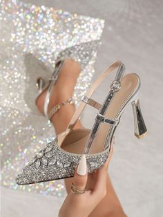 Elegant Tall Women's Comfort High Heels With Silver Sequin & Mesh Cutout Design And Ankle Strap, Suitable For Weddings Silver Glamorous    Plain    Women Shoes, size features are:Bust: ,Length: ,Sleeve Length: Bridal Wedding Shoes, Party Mode, Metal Hair Clips, Cutout Design, Stiletto Shoes, Bride Shoes, Womens Shoes High Heels, Elegant Accessories, Tall Women