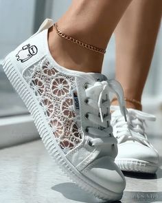 Lasaky - Canvas sneakers with cartoon lace patch Comfortable Lace-up Sneakers With White Laces, Cute Lace-up Canvas Shoes With White Sole, Casual Lace-up Canvas Shoes With White Laces, Casual White Sneakers With Cartoon Print, White Low-top Sneakers With Cartoon Print, Cute White Sole Lace-up Sneakers, Cute Lace-up Sneakers With White Sole, Trendy Spring Sneakers With White Laces, Spring Trendy Sneakers With White Laces