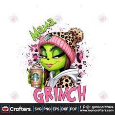 a cartoon character holding a coffee cup and wearing a pink hat with the word gremch on it