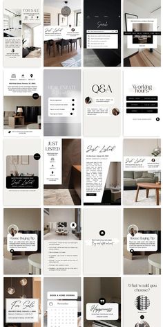 a collage of photos showing different types of furniture and decor in black and white