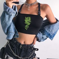 Dragon Embroidery, Bralet Tops, Retro Streetwear, Strap Crop Top, Kleidung Diy, Streetwear Aesthetic, 90s Grunge, Womens Cami, Mode Streetwear