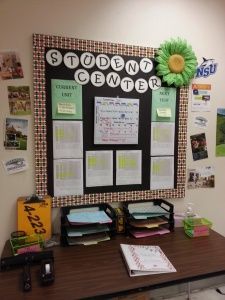 a bulletin board on a desk with papers and binders attached to the back wall