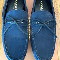 Coach Men's Suede Loafers In Midnight Navy Color Size 10 D Never Worn And Unused, In Great Condition! See Pictures For Details Of Actual Item. Blue Leather Loafers With Cushioned Footbed, Blue Suede Moccasins With Plain Toe, Blue Moccasins With Branded Insole And Moc Toe, Casual Blue Plain Toe Moccasins, Casual Coach Loafers With Round Toe, Casual Coach Loafers With Leather Sole, Blue Moc Toe Moccasins For Business, Casual Navy Suede Loafers, Casual Blue Loafers With Suede Lining