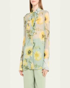 Oscar de la Renta silk chiffon floral print blouse features a selftie neckline     Spread collar    Button front closure     Long sleeves    Midlength     Relaxed fit     Silk    Made in Italy Silk Chiffon Blouse, Cocktail Jacket, Chiffon Floral, Floral Print Blouses, Lingerie Romper, Floral Chiffon, Chiffon Blouse, Print Blouse, Lingerie Sleepwear