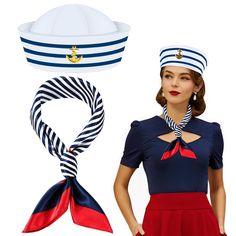 PRICES MAY VARY. SAILOR COSTUME - Our Yacht nautical outfits for women includes a sailor hat and a striped square scarf, this yacht rock party costume sailor accessories is the perfect dress up prop for your yacht captain yacht rock cosplay party, with these simple syacht outfit women accessories, you can be a cool sailor! QUALITY MATERIAL - Sailor hat is lightweight, breathable, washable, soft and skin-friendly, reusable. Women sailor's boat hat and striped scarf are made of silk and polyester, Boat Captain Costume Women, Nautical Party Outfit, Yacht Rock Party, Sailor Accessories, Captain Costume, Navy Costume, Hat And Sunglasses, Sailor Costume, Yacht Rock