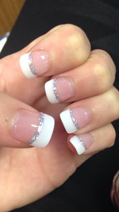 Pagent Nail Ideas, French Tip Fancy, Pageant Nails Ideas, Sparkly French Pedicure, Faded French Tip With Sparkle, Fancy French Pedicure, Fancy French Tips, Nails Acrylic French Tip Sparkle Ring Finger, Nails Fancy