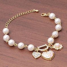 100% New! Cute & Beautiful Bracelet For Women New Without Tags. Jewelry Bracelets Pearl Bracelet Jewelry, Gold Bracelet For Women, Bangle Bracelets With Charms, Pearl Charms, Mens Jewelry Bracelet, Charm Gift, Bracelet For Women, Schmuck Design, Heart Jewelry