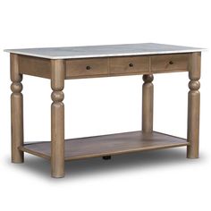 a wooden table with two drawers on one side and a marble top on the other