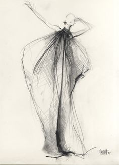 a black and white drawing of a woman in a long dress with her arms outstretched