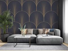 a living room scene with focus on the couch and wallpapers that are designed to look like art deco