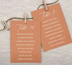 "Terracotta Wedding Seating Chart Cards, Reception Seating Cards, DIY Seating Display, 5x7 Printed Table Lists Each 5\" x 7\" printed table list is printed on the card stock color of your choice, choose from over 14 on-trend wedding colors! Colors are shown in the drop down box while checking out. String and clothes pins are not included with your purchase. HOW TO ORDER PRINTED WEDDING TABLE SEATING CHART CARDS TO PLACE YOUR ORDER: * Pick your quantity from the drop down menu and add to cart * Choose the card stock color you want your table lists to be printed on * Leave the font choice in the personalization box * After placing your order, please e-mail your spreadsheet of table names and guests names to hello [at] sidestreetdesigns.com. Your spreadsheet will need two columns. Please use Seating Chart Cards, Wedding Table Seating Chart, Wedding Seating Cards, Diy Seating, Table Seating Chart, Table Assignments, Wedding Table Seating, Terracotta Wedding, Printed Table