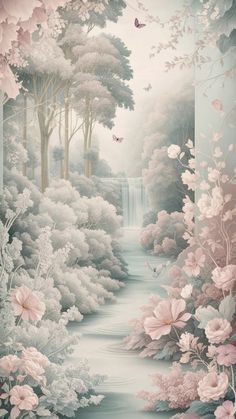 a painting with flowers and trees on the wall in front of a waterfall surrounded by butterflies