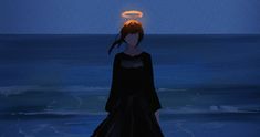 a woman standing in front of the ocean at night with an angel halo above her head