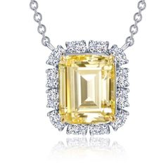 Lafonn Fancy Yellow Simulated Diamond Emerald-Cut Halo Necklace Exquisite Gemstone Necklace For Formal Occasions, Exquisite Gemstone Necklaces For Formal Occasions, Classic Formal Necklace With Rectangular Pendant, Fine Jewelry With Rectangular Pendant For Formal Occasions, Classic Formal Necklaces With Rectangular Pendant, Gia Certified Yellow Gold Necklace For Formal Occasions, Formal Emerald Pendant Necklace With Diamond Cut, Formal Yellow Gold Gia Certified Necklace, Formal Fine Jewelry Necklace With Adjustable Chain