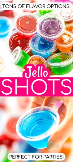 colorful jello shots are being held by someone's hand with the words jello shots