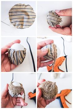 the steps to make an ornament out of twine and yarn are shown