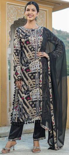 Black and Grey color Salwar Kameez in Muslin fabric with Bugle Beads, Gota Patti, Mirror, Printed, Thread work Black Semi-stitched Palazzo Set With Mirror Work, Black Churidar With Straight Kurta In Georgette, Semi-stitched Black Georgette Suit, Black Georgette Straight Kurta Churidar, Black Salwar Kameez With Mirror Work In Traditional Drape, Black Anarkali Palazzo Set With Mirror Work, Traditional Black Palazzo Set With Mirror Work, Black Palazzo Set With Sheer Dupatta For Eid, Black Georgette Lawn Suit For Eid