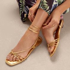 Aliz Lace-Up Flat Sandal - Justfab Gold Us 8 (Uk6)(Eu38.5) Gold Lace Up Sandals, Gold Flat Heel Lace-up Sandals For Party, Gold Strappy Lace-up Sandals For Vacation, Chic Gold Lace-up Sandals For Beach, Gold Strappy Sandals For Vacation, Gold Sandals Flat, Gold Sandals Outfit, Golden Sandals, Summer Lifestyle