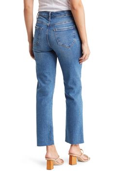 Styled with distressing at the knees and a raw hem, these high-rise jeans are fitted with a straight-leg silhouette for a casual everyday look. 8" rise, 27" inseam (size 26) Zip fly with button closure Five-pocket style High rise Raw hem 68% cotton, 28% polyester, 3% rayon, 1% spandex Machine wash, tumble dry Imported Model stats: 5'10", 32" bust, 25" waist, 36" hip. Model is wearing size 26. Stretch Straight Cropped Jeans For Spring, Spring Straight Cropped Jeans With Stretch, Spring Denim Blue Cropped Straight Jeans, Spring Denim Blue Straight Cropped Jeans, Spring Straight Cropped Jeans In Denim Blue, Mid-rise Straight Fit Cropped Jeans In Denim Blue, Mid-rise Straight Fit Denim Blue Cropped Jeans, Denim Blue Straight Fit Mid-rise Cropped Jeans, Straight Fit Mid-rise Denim Blue Cropped Jeans