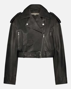 A cropped leather jacket is a foolproof way to polish off an outfit, without feeling weighed down in bulk. The shorter hem of our Marlin leather jacket for women is perfect for experimenting with proportions, whether paired with high-waisted jeans for daily wear or a mini skirt for evenings out. Handcrafted from the finest lamb leather, this cropped moto jacket only improves with age. Complete with an off-center zipper closure, belt detail, zipper pockets, and a bold collar adorned with silver h Edgy Leather Cropped Jacket, Fall Cropped Leather Biker Jacket, Leather Cropped Biker Jacket For Fall, Cropped Leather Biker Jacket For Fall, Designer Cropped Leather Jacket For Work, Cropped Leather Jacket For Work, Trendy Cropped Leather Biker Jacket, Spring Leather Biker Cropped Jacket, Cropped Leather Winter Outerwear