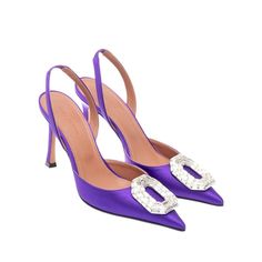 Composition: 100% silk - Leather lining, insole, sole - Pointed toe - Crystal embellishments - Back elastic bands - Branded insole - Heel 9 cm / 3,5 in | Amina Muaddi Women's Camelia Satin Slingback Pumps in Purple | SS23 Hand Makeup, Amina Muaddi, Sneaker Jewelry, Vestidos Vintage, Crystal Brooch, Flat Boots, Slingback Pump, Wallet Bag, Cool Socks