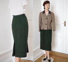 Beautiful moss green late 1940s skirt made by luxurious K.Williams.  Closes with zipper by LIGHTNING at side + button.  The fabric and shade of green is just so very beautiful and will for sure take any outfit  to the next level.  Measurements:  Waist 76 cm/ 30" (about 5 cm/ 2" to take out if needed) Hip 110 cm/ 43.3"  Length 80 cm/ 31.5" Excellent condition Looks hardly worn. Jacket available here: https://oldphoria.etsy.com/listing/1769631524 Spring Green Lined Pencil Skirt, Chic High-waist Green Pencil Skirt, 1940s Pencil Skirt, 1940 Skirt, Retro Green Knee-length Skirt, Vintage Fitted Green Skirt, 1940s Skirt, 50s Skirt, Skirt Elegant