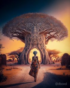 a painting of a woman walking down a dirt road in front of a giant tree