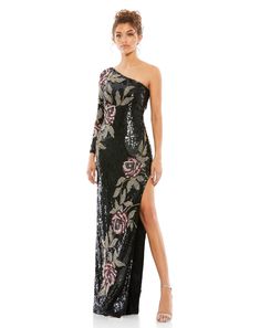 Mac Duggal One shoulder neckline Approx. 62.5" from top of shoulder to bottom hem Fully lined through body Available in black multi Style #93623 One-shoulder Embellished Cocktail Gown, One-shoulder Sequin Maxi Dress For Evening, Evening Gown With Sequins And Asymmetrical Neckline, One Shoulder Maxi Dress With Sequins For Evening, Sequined Gown With Asymmetrical Neckline, Black Prom Gown With Asymmetrical Neckline, Embellished Black One Shoulder Dress, Black Embellished Dress With Asymmetrical Neckline, Black Gown With Asymmetrical Neckline For Prom