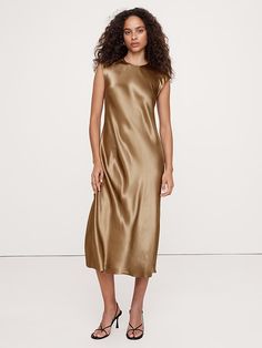 Bias-Cut Satin Midi Dress | Banana Republic Sleek Satin Dress With Subtle Sheen, Sleek Silk Dress With Subtle Sheen, Sleek Formal Dress With Subtle Sheen, Silk Dress With Subtle Sheen For Parties, Sleeveless Dress With Subtle Sheen For Party, Silk Party Dress With Subtle Sheen, Sleeveless Party Dress With Subtle Sheen, Spring Satin Bias Cut Dress, Satin Dress With Subtle Sheen For Party