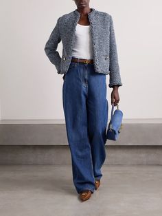 VALENTINO GARAVANI Ruffled tweed jacket | NET-A-PORTER Blue Bag Outfit, Workwear Women, Professional Workwear, Layering Style, Elegant Sandals, Flat Dress Shoes, Floral Dresses Short, White Tweed, Chic Bags