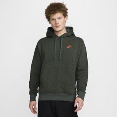 To help elevate your hoodie game with some signature style, we gave one of our most comfortable basics a statement-making allover print. Made from our midweight brushed fleece, this easy-fit layer feels extra soft on the inside and smooth on the outside, helping you stay cozy while keeping its structured shape. Nike Green Fleece Hoodie, Sporty Fleece-lined Hoodie In A Specific Color, Green Fleece Sportswear Sweatshirt, Green Fleece Sportswear Hoodie, Nike Sportswear Club Fleece, Midweight Fleece-lined Long Sleeve Hoodie, Men's Pullover, Hoodies Men Pullover, Hoodie Green