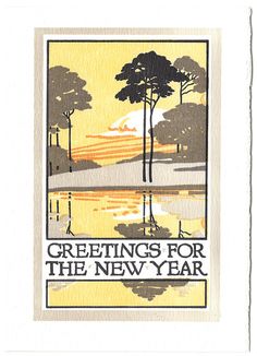 a card with the words greetings for the new year written in black and yellow