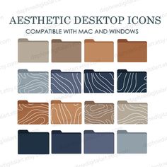 an assortment of desktop icons with mac and windows in different colors, including blue, brown,