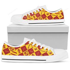 Harry Potter Shoes Gryffindor Caro Low Top Sneakers Vm0029. Stride with confidence in these sleek sneakers, boasting a striking dinosaur print with floral touches for a unique spin on classic footwear.". #harry potter #Shoes #Amarrado Gryffindor Shoes, Harry Potter Shoes, Halloween Shoes, Harry Potter Wand, Harry Potter Gryffindor, Low Top Shoes, Timeless Classic Style, Trendy Sneakers, Low Top Sneakers