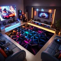 a living room filled with furniture and a flat screen tv on top of a wall