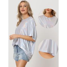 This top is made up of several design points: holographic top, shiny metallic fabric, round neck, and short sleeve. It will make you shine like the moon. It is suitable for summer/autumn and for many occasions, such as parties, clubs, night-out, music festivals, rave outfits, and concerts and you can also use it for cosplay costumes. Spring Metallic Sheen Tops, Spring Disco Shiny Tops, Metallic Shiny Disco Top, Metallic Shimmer Disco Top, Metallic Shimmer Top For Disco, Trendy Shiny Summer Tops, Metallic Sheen Tops For Summer, Metallic Sheen Summer Tops, Trendy Spring Top With Sheen