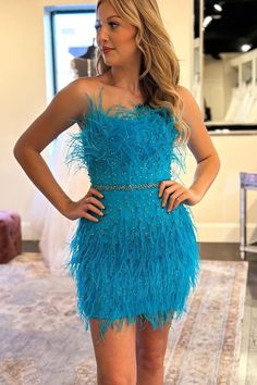 Strapless Blue Feathers Short Homecoming Dress Strapless Feather Trim Dress For Prom Season, Strapless Feather Trim Dress For Prom, Mini Dress With Feather Trim For Homecoming, Feather Trim Dresses For Homecoming And Prom Season, Feather Trim Dress For Homecoming And Prom, Feather Trim Dress For Homecoming And Prom Season, Blue Feather Trim Dress For Night Out, Glamorous Feathered Mini Dress For Homecoming, Fitted Feather Dresses For Homecoming