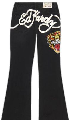 Designer Black Bottoms For Spring, Designer Black Bottoms For Streetwear, Black Graphic Print Jeans, Ed Hardy Baggy Jeans, Ed Hardy Clothes, Ed Hardy Black Cargos, Ed Hardy Jeans, Wide Leg Black Jeans, Mens Ed Hardy Jeans