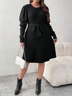 Plus Size Women Solid Color Round Neck Puff Sleeve Casual Sweater Dress, Autumn/Winter Black Elegant  Long Sleeve Fabric Plain  Slight Stretch  Women Plus Clothing, size features are:Bust: ,Length: ,Sleeve Length: Dress With Black Shoes, Casual Sweater Dress, Dress Professional, Shoes And Socks, Batwing Sleeve Sweater, Sweater Dress Casual, Grey Colour Suit, Professional Dress, Fleece Tights