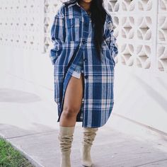 Plaid Blue And White Long Jacket Blue Plaid Jacket Outfit, Blue Plaid Jacket, Plaid Jacket Outfit, White Long Jacket, Coat Plus Size, Grid Print, Casual Shirt Women, Plus Size Outerwear, Plus Size Coats